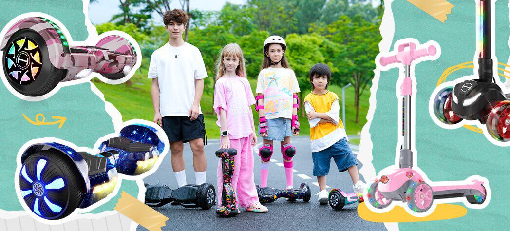 iHoverboard how to save guide - Diffent aged kids wearing protective gear next to hoverboards and scooters 