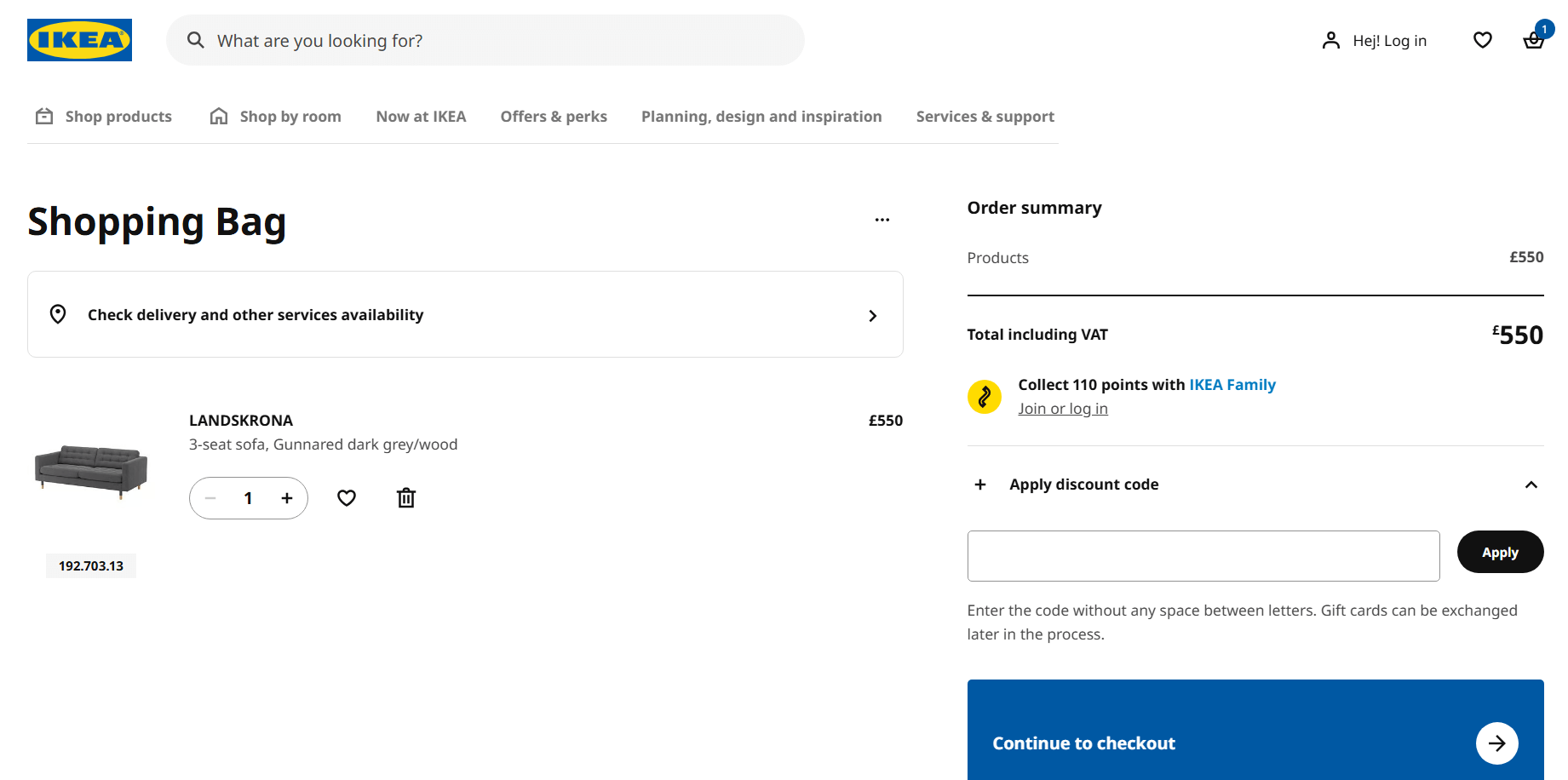 The IKEA discount code redemption box on the basket page of the online shop