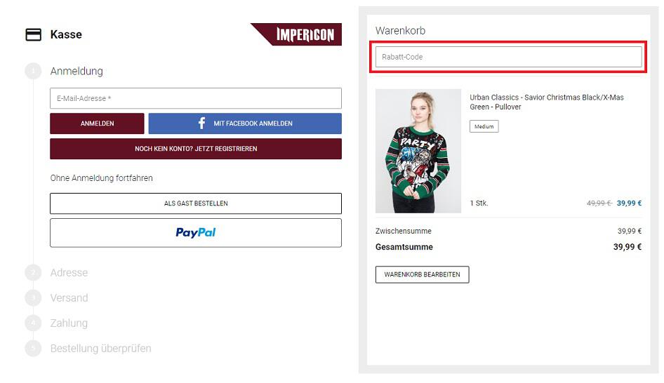 Screenshot aus dem Warenkorb mit Eingabefeld, wo du den Impericon Rabattcode einlösen kannst