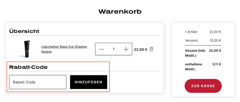 Warenkorb-Screenshot mit Eingabefeld für Inglot Gutscheincode