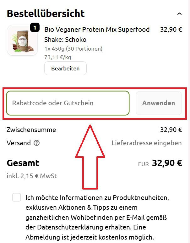 Screenshot vom Eingabefeld mit Hinweis darauf, wo du deinen InnoNature Rabattcode einlösen kannst