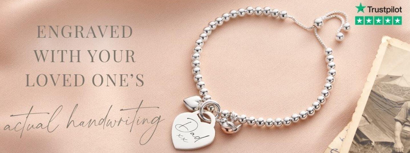 Inscripture how to get a better discount banner featuring a personalised bracelet. Text says engraved with your loved one&apos;s actual handwriting