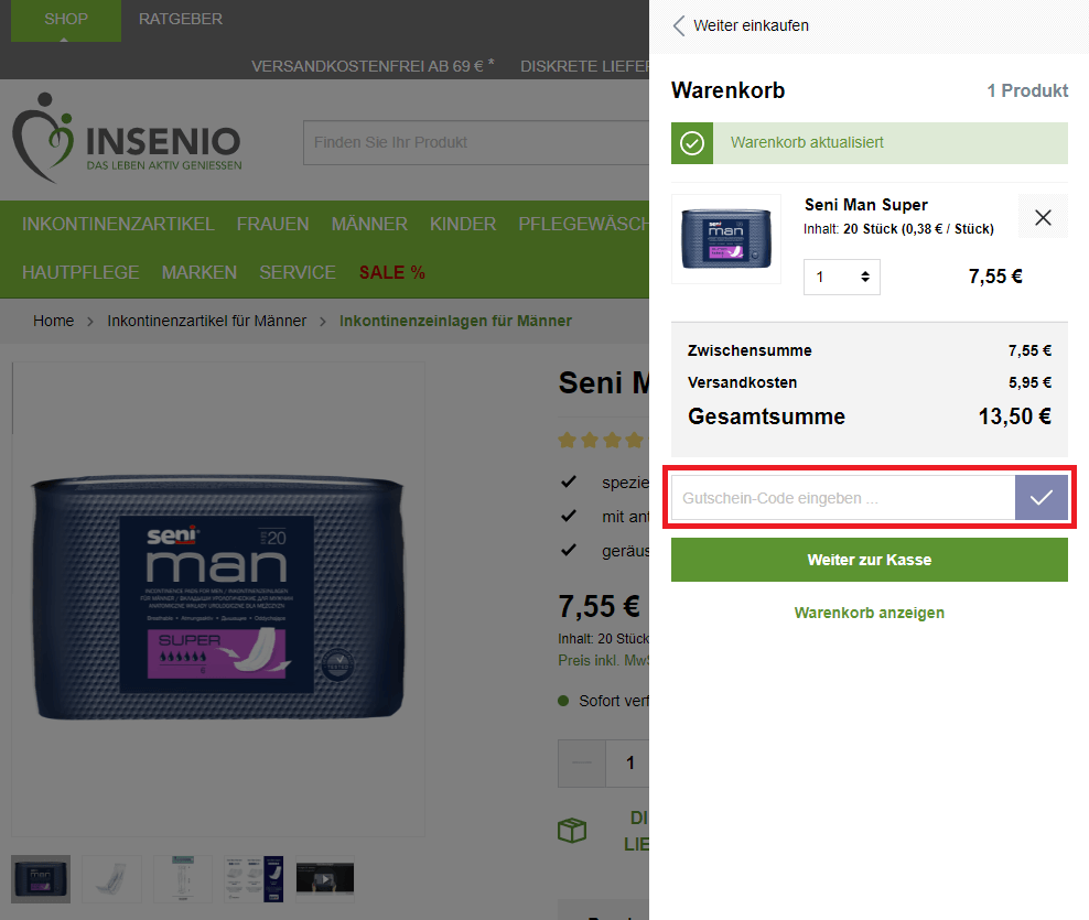 INSENIO-Gutschein im Warenkorb einlösen