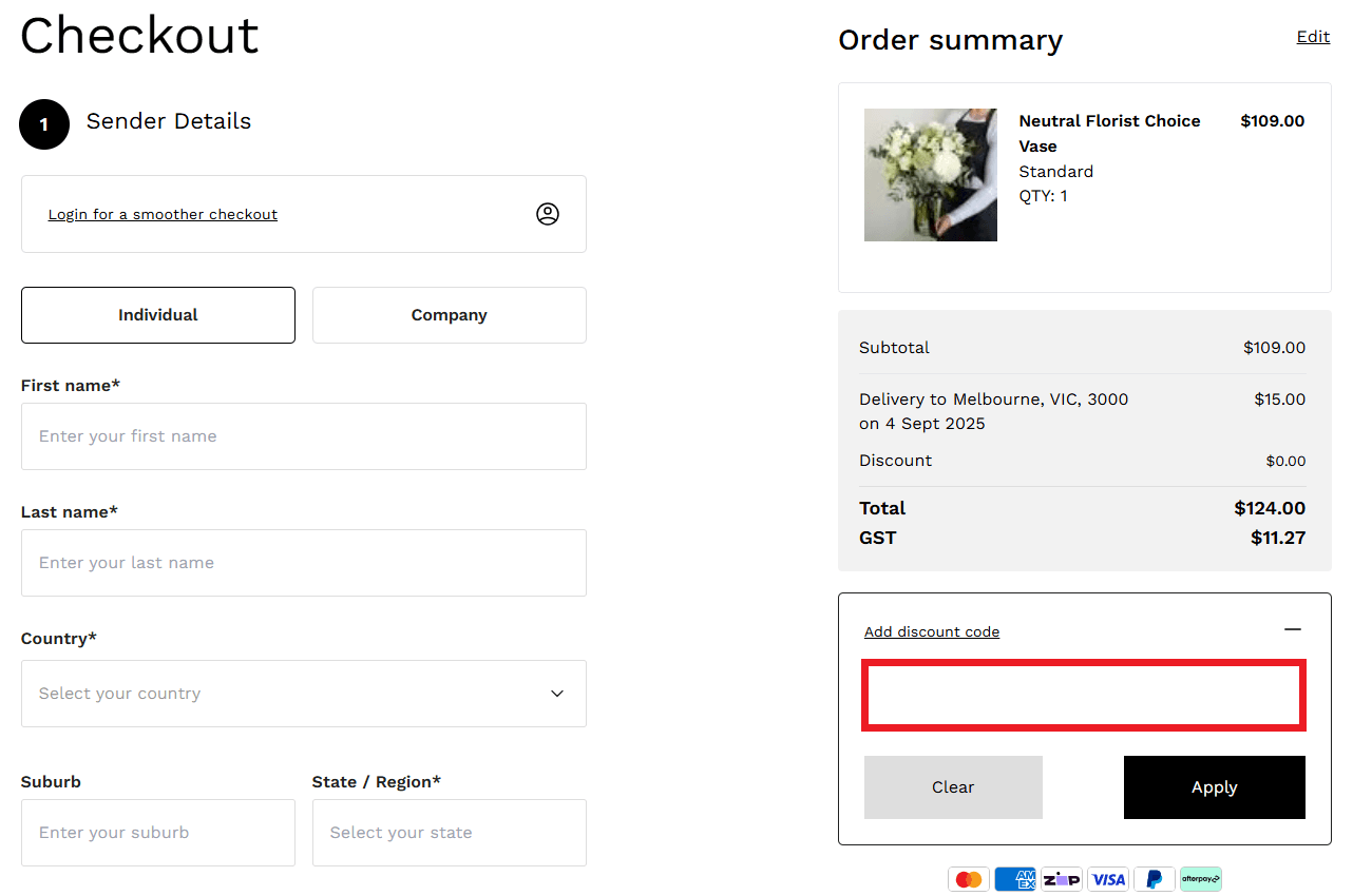 Interflora discount code box during checkout image