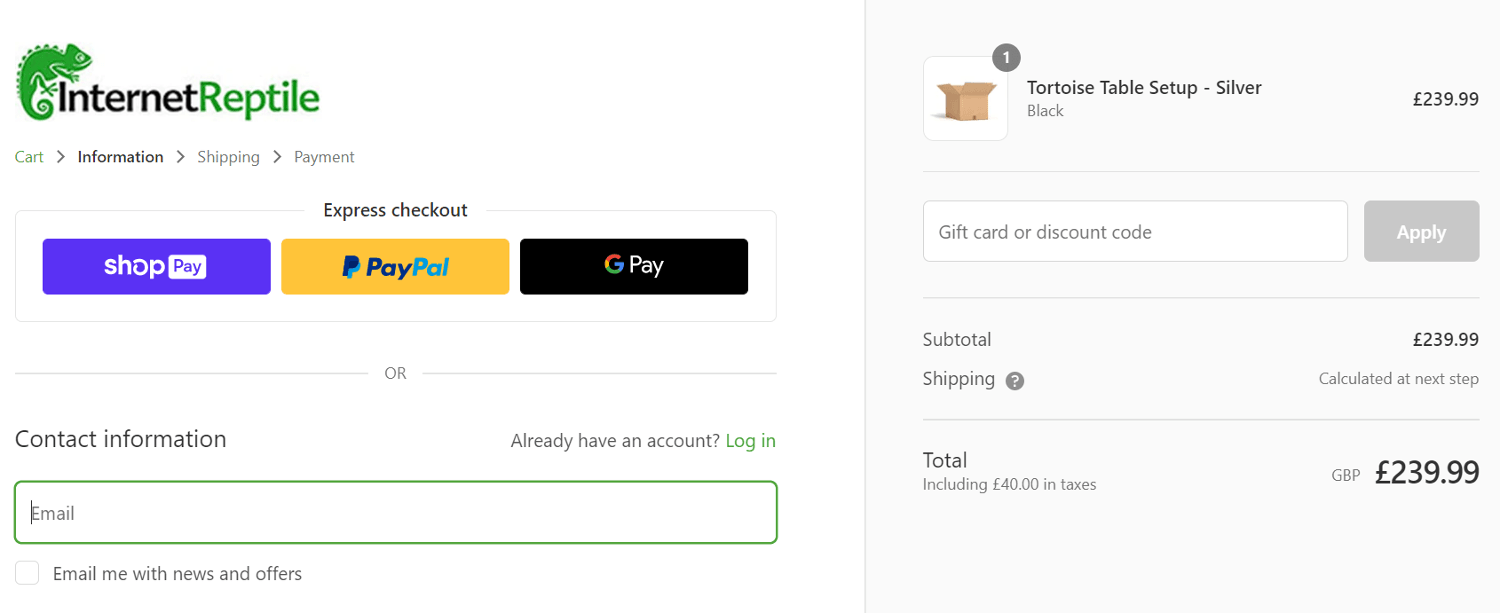 The Internet Reptile discount code box on the basket page of the Internet Reptiles checkout