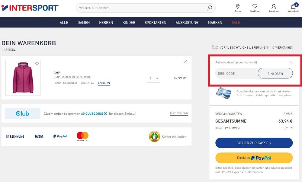 Screenshot vom Warenkorb mit Eingabefeld, wo du einen Intersport Gutschein einlösen kannst