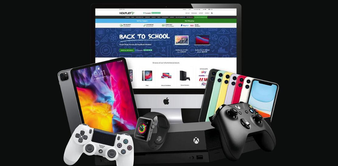 iOutlet discount code page banner featuring a selection of tech on a black background, including a monior and games console