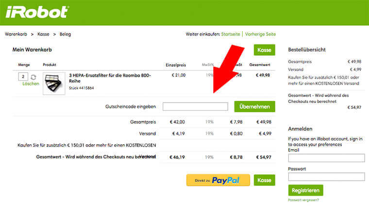 Löse den iRobot Gutschein im Warenkorb des Online-Shops ein