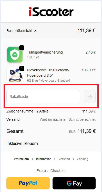 Screenshot vom Eingabefeld für den iScooter Rabattcode