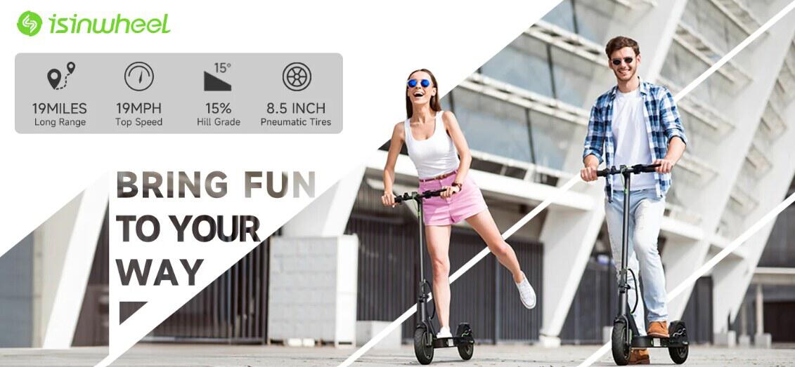 iSinwheel offers page image showing a man and woman on a scooter with the text &apos;bring fun to your way&apos;