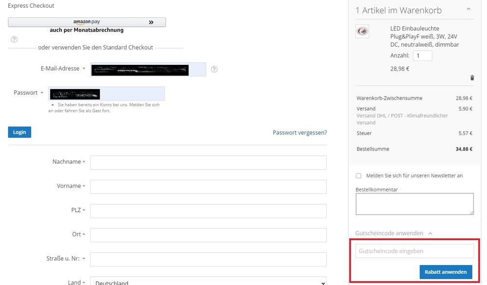 Screenshot des Eingabefeldes für einen Isolicht Gutschein im Online-Shop