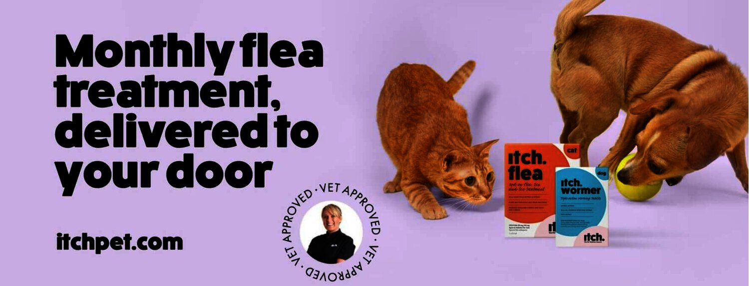 Itch savings guide banner showing a dog and cat. Text says Monthly flea treatment delivered to your door