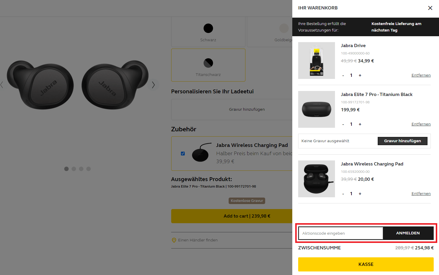 Screenshot vom Eingabefeld, in dem du einen Jabra-Aktionscode eingeben kannst