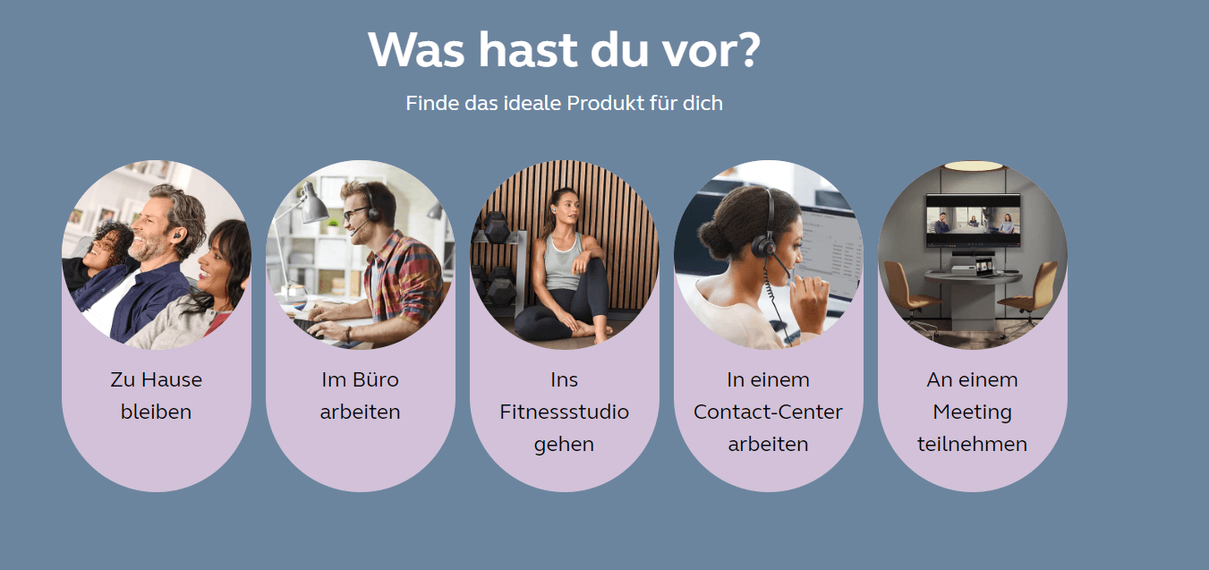 Übersicht über das Jabra-Angebot aus Lösungen für zu Hause, das Büro, Meetings, Kontaktcenter und das Fitnessstudio
