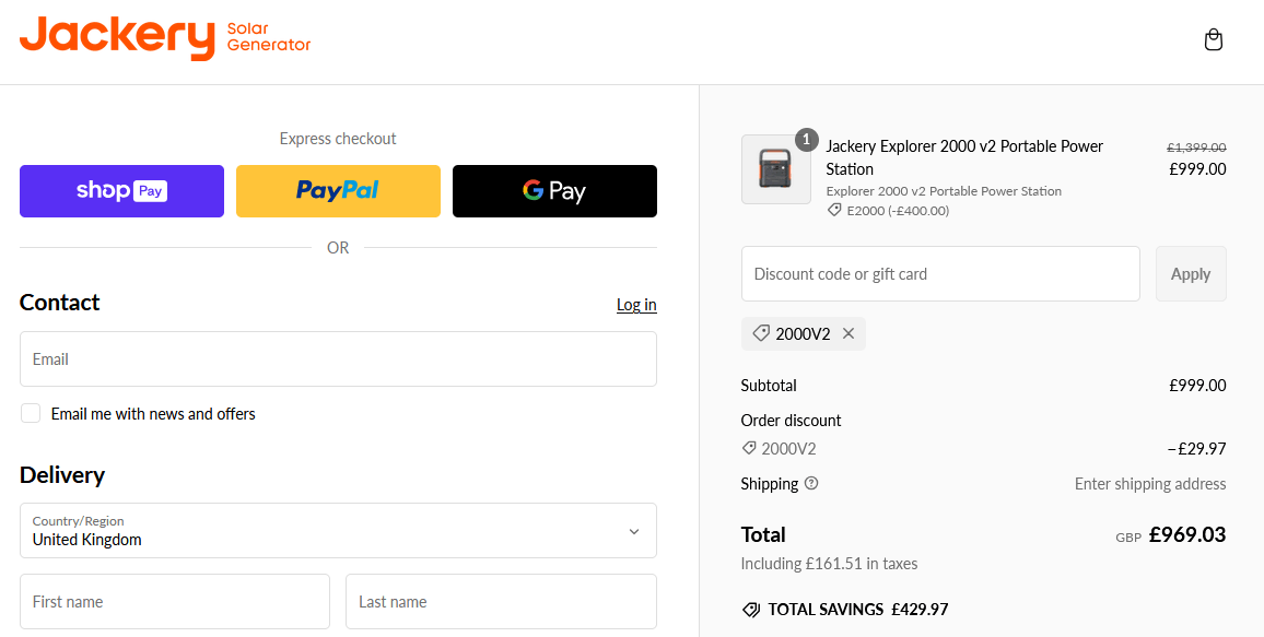 Screenshot of the Jackery discount code box on the checkout page