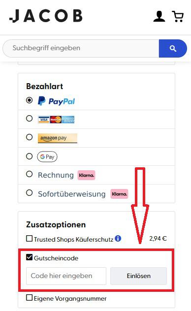 Warenkorbansicht mit Eingabefeld für den Jacob Gutschein