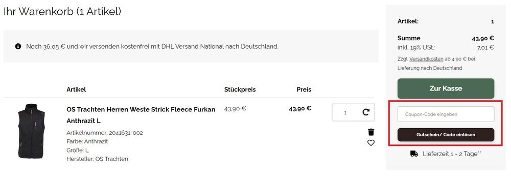 Screenshot: Jagdwelt24 Gutschein im Warenkorb einlösen