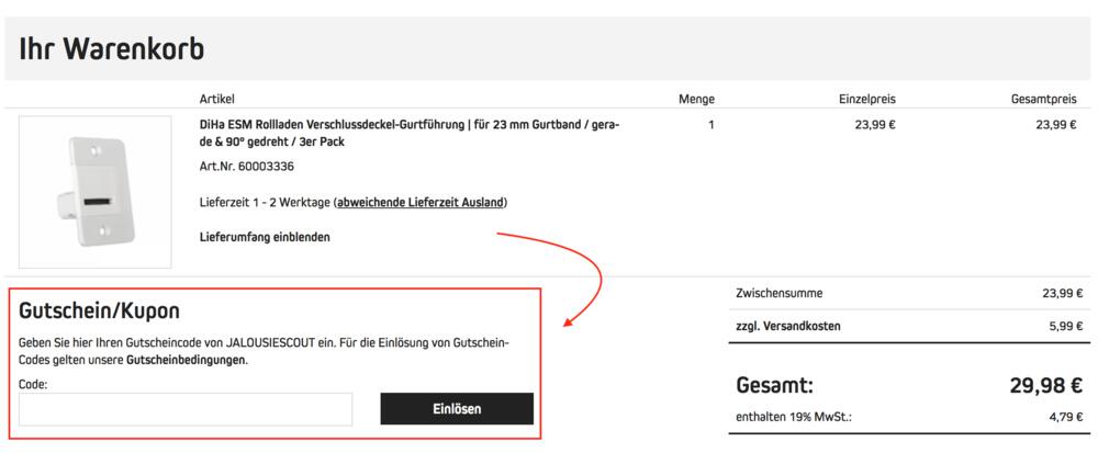 Warenkorb-Screenshot mit Eingabefeld für deinen Jalousiescout Gutschein