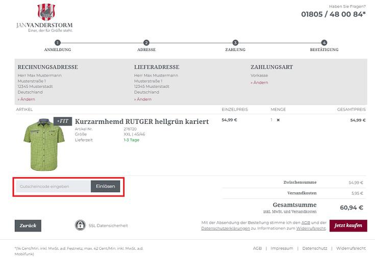 Screenshot aus dem Warenkorb mit Hinweis darauf, wo du den Jan Vanderstorm Gutschein einlösen kannst