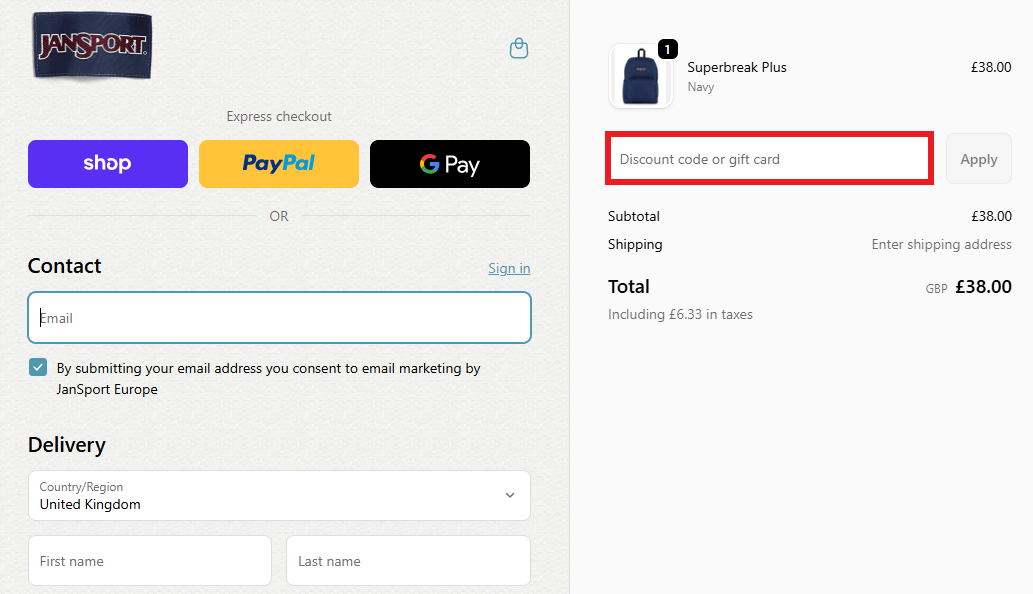JanSport discount code box in shopping cart image