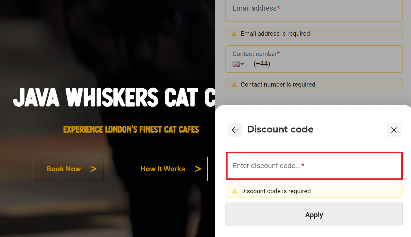 Java Whiskers discount code redemption box during checkout