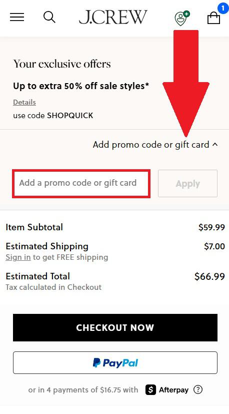 J.Crew promo code box