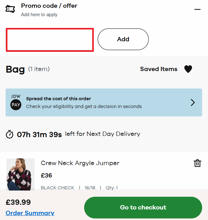 JD Williams discount code box in shopping bag