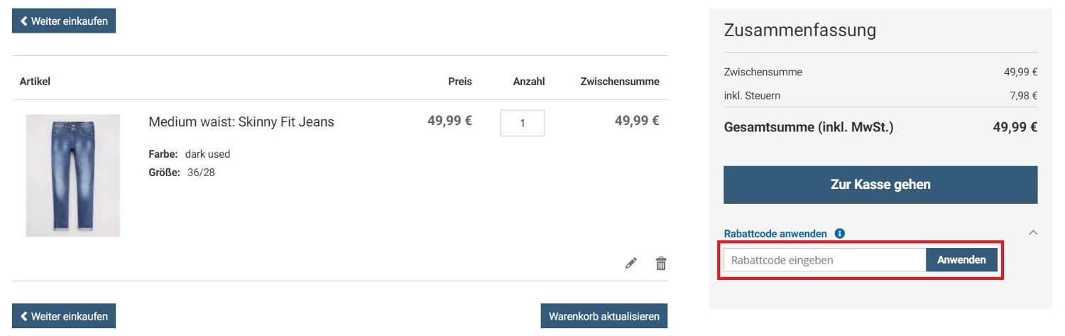Eingabefeld für den Jeans Fritz Gutschein beim Bezahlvorgang