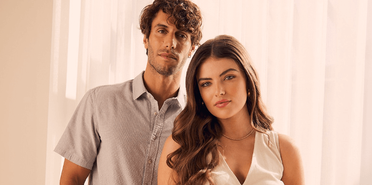 Jeanswest deals page image - A man and woman smiling in pale clothing