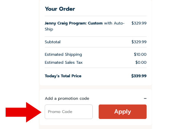 Jenny Craig coupon code box at checkout