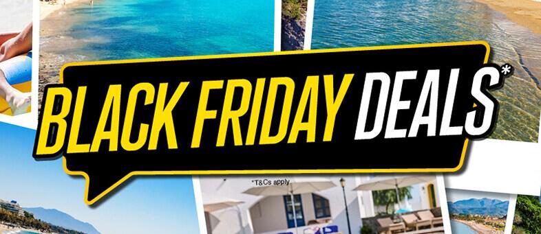 Jet2holidays black friday deals image - Text says black friday deals on top of multiple images of holiday destinations