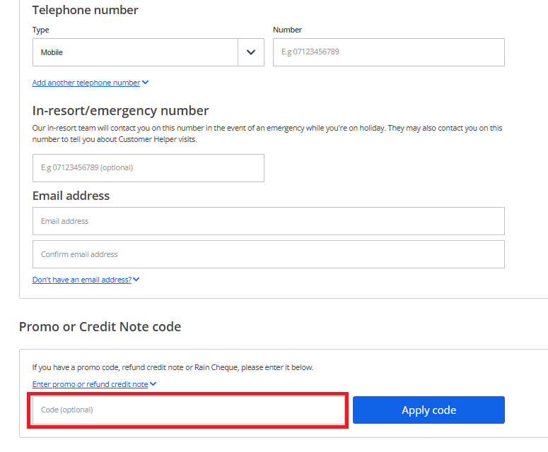 Jet2holidays discount code box during holiday booking process