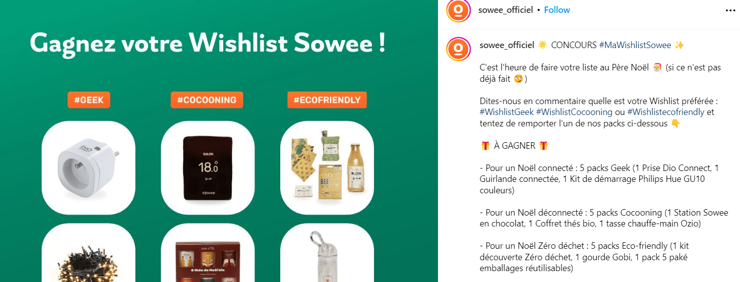 capture d&apos;écran d&apos;un jeu-concours Sowee organisé sur Instagram pour Noël