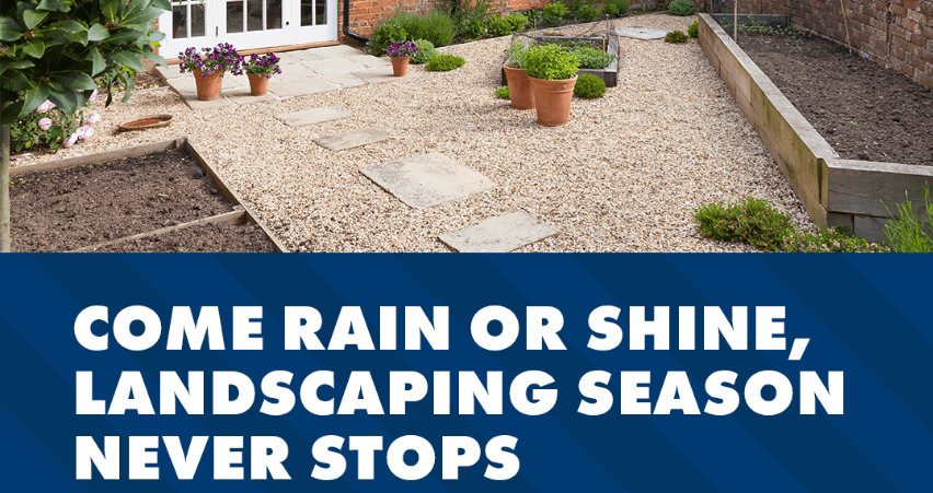 Jewson garden landscaping advert. Text reads: Come rain or shine, landscaping season never stops