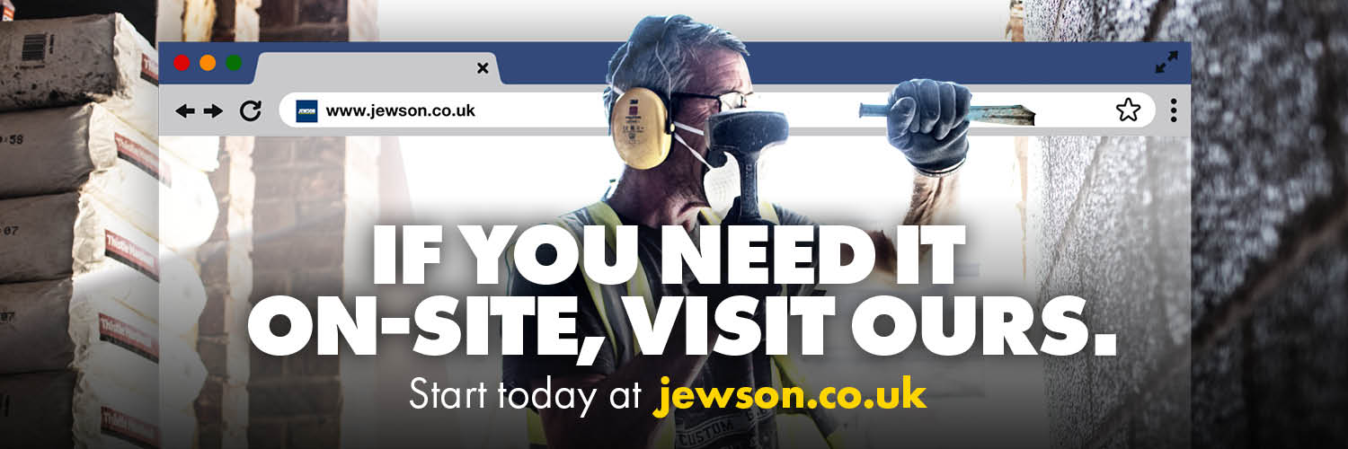 Man using Jewson tools: hammer and chisel. Text reads: If you need it on-site, visit ours