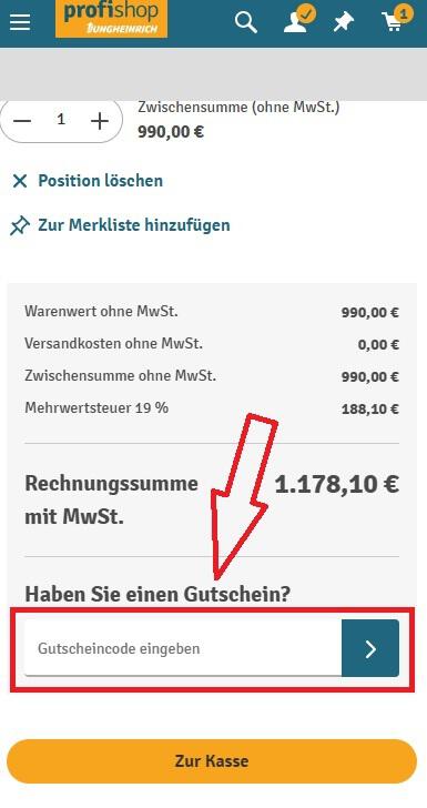 Screenshot vom Eingabefeld mit Hinweis darauf, wo du deinen Jungheinrich PROFISHOP Gutschein einlösen kannst
