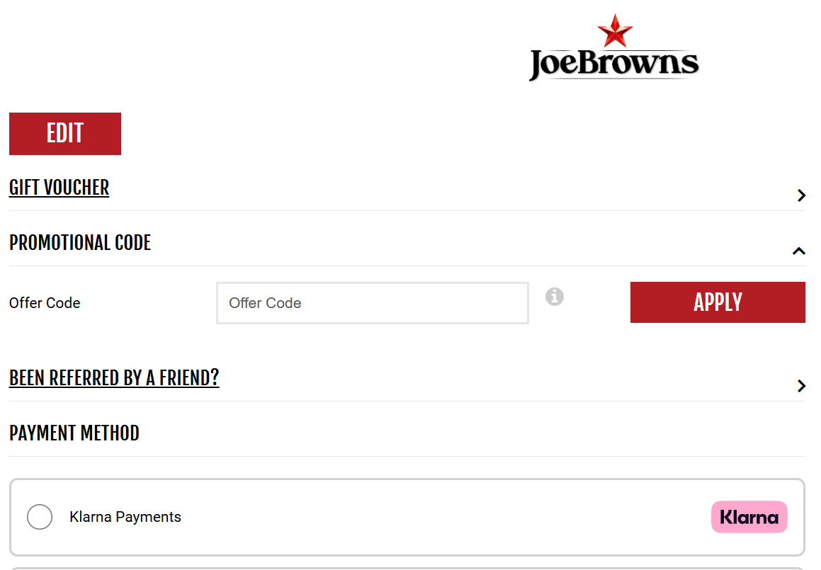 Joe Browns discount code redemption box during checkout