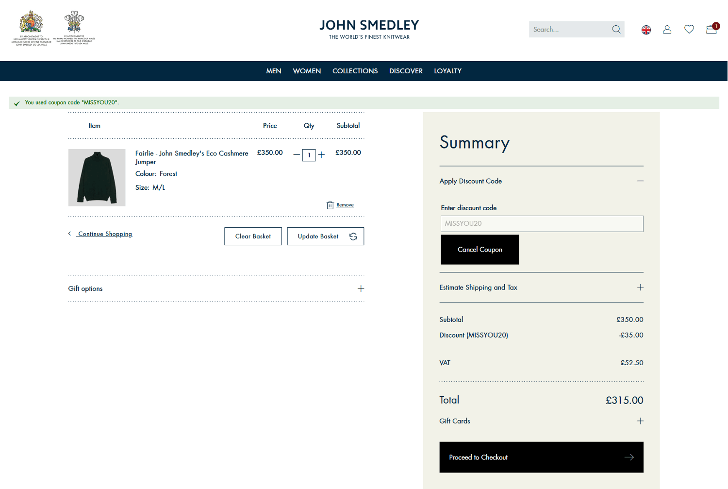 Screenshot of the John Smedley discount code box at checkout on the John Smedley website
