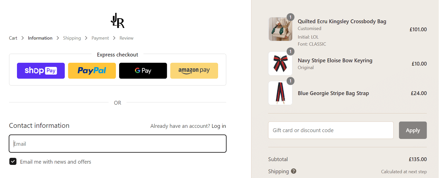 Johnny Loves Rosie discount code application box on the website checkout window