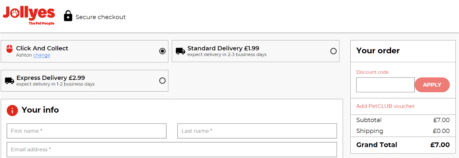 Screenshot of the Jollyes discount code redemption box at checkout