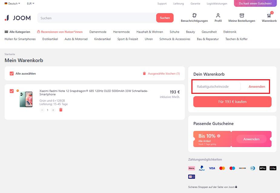 Screenshot aus dem Warenkorb mit Eingabefeld, wo du den Joom Gutscheincode anwenden kannst