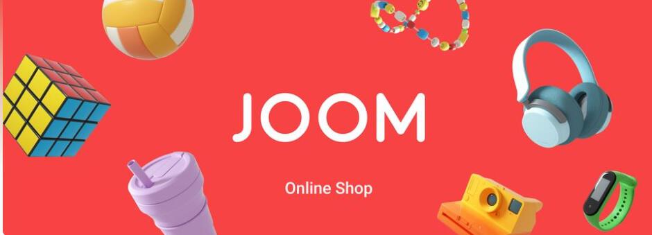 Banner der Joom Gutscheinseite: Firmenlogo auf knallrotem Grund mit einer Produktauswahl drumherum