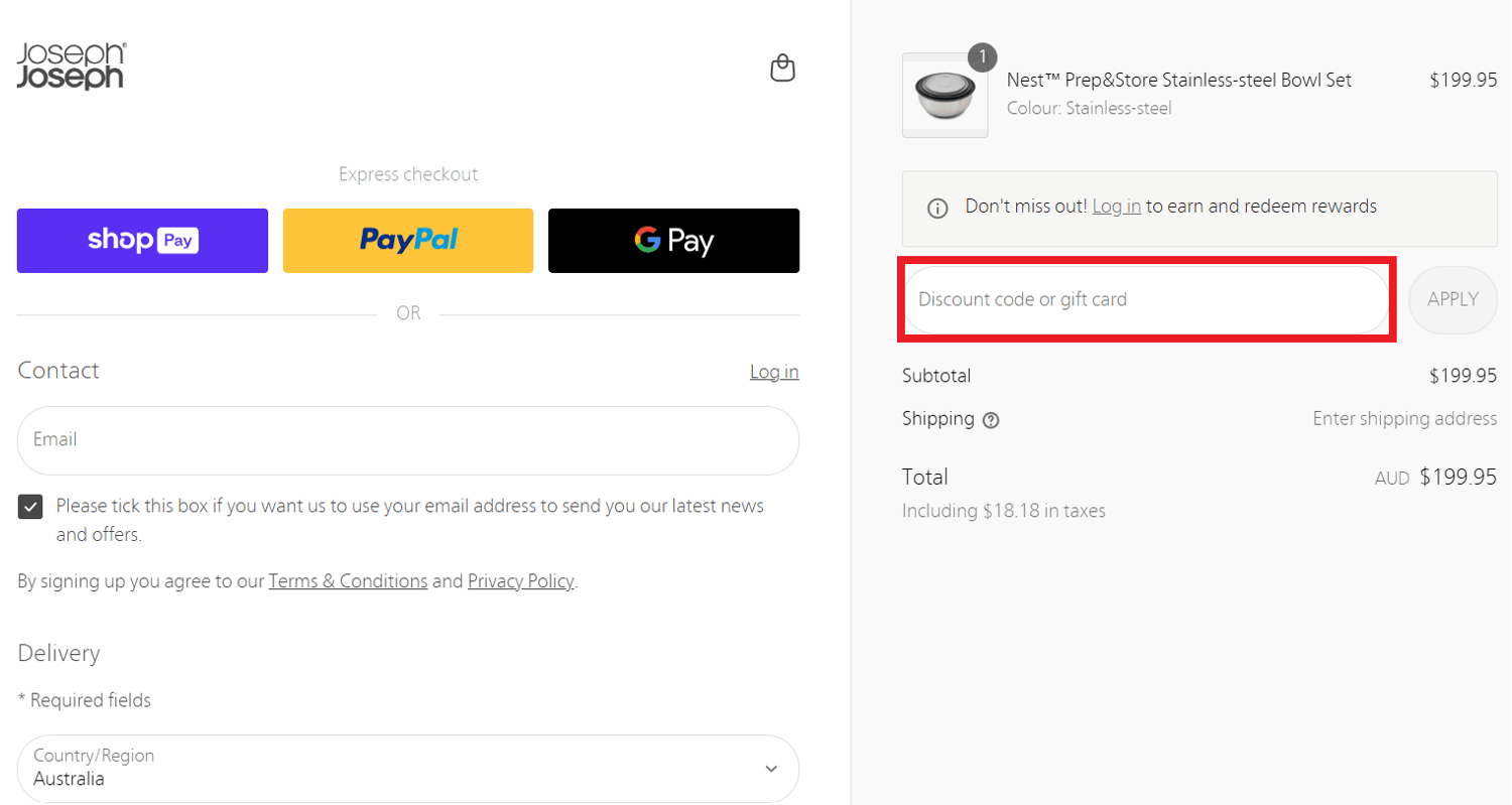 Joseph Joseph discount code redemption box in shopping basket