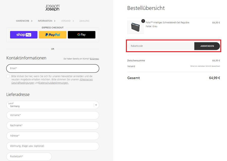 Screenshot aus dem Warenkorb mit Hinweis darauf, wo du den Joseph Joseph Gutschein anwenden kannst