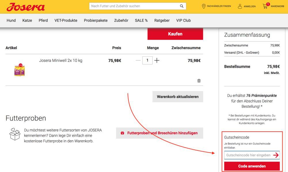 Warenkorb-Screenshot mit Eingabefeld für deinen Josera Gutschein