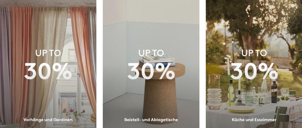 Jotex Angebote mit bis zu 30 % auf Vorhänge und Gardinen, Beistell- und Ablagetische sowie die Rubrik Küche und Esszimmer mit Vorschaufotos der jeweiligen Artikel