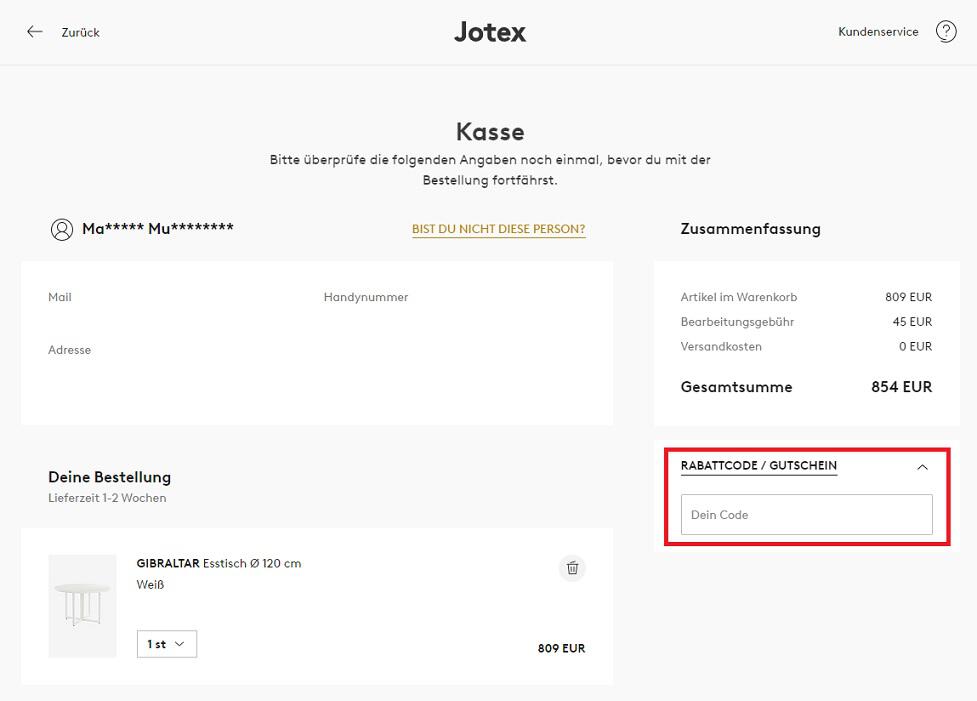 Screenshot aus dem Warenkorb mit Eingabefeld zum Einlösen vom Jotex Gutschein
