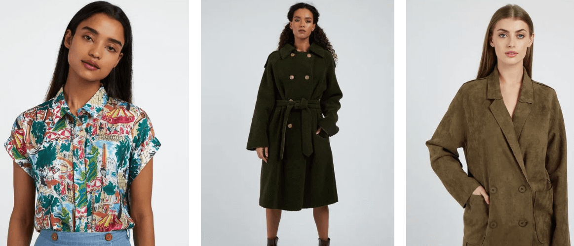 joy sale banner - two women wearing coats, one woman wearing a blouse