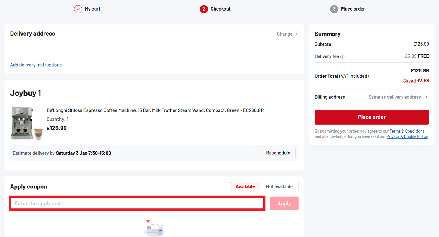 Joybuy discount code redemption box in basket