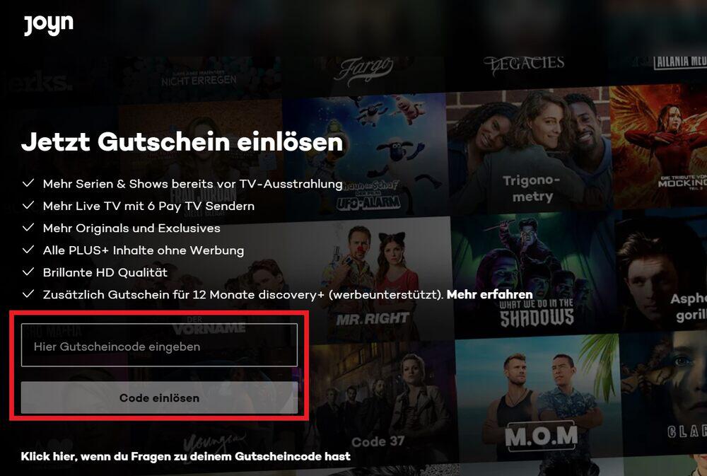Eingabefeld für Joyn Gutscheine auf der Webseite des Streamingdienstes